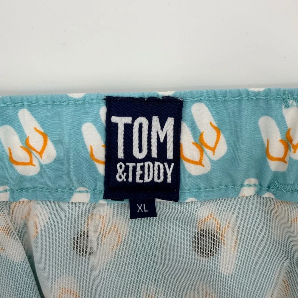 Tom & Teddy‎ Mens XL Swim Trunks Light Blue Flip Flop Print Mesh Lined Shorts